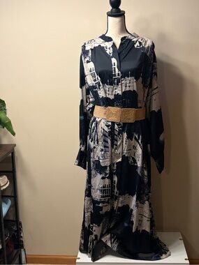 H&M Navy Cream Abstract City Print Maxi Dress XL Flowy (Belt not included)